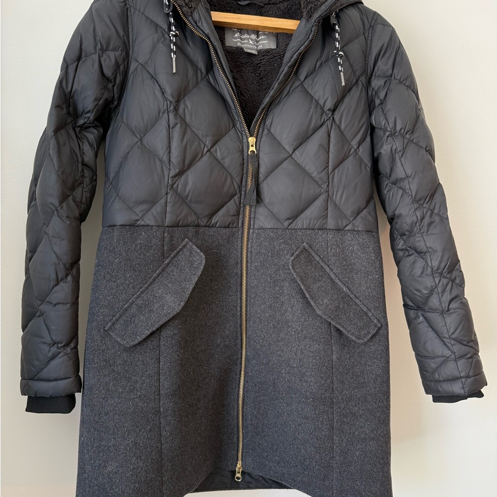 Eddie Bauer Quilted Puffer Jacket Sherpa Lined Women’s M Black Charcoal